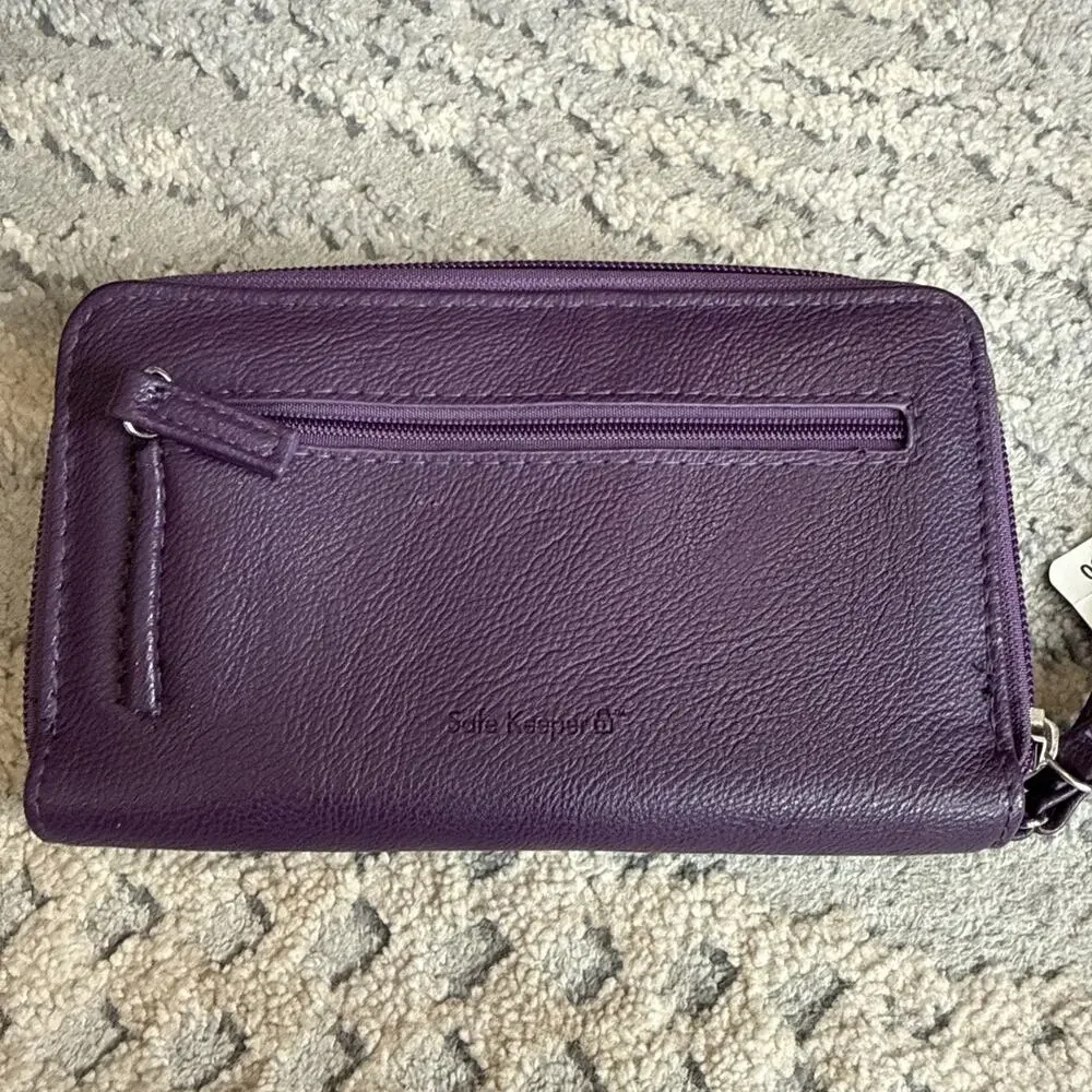 Mundi All In One Purple Clutch Safe Keeper Zipper Photos Card Slots Wrist Strap